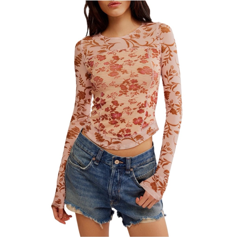 Free People Floral Mesh Long Sleeve Top